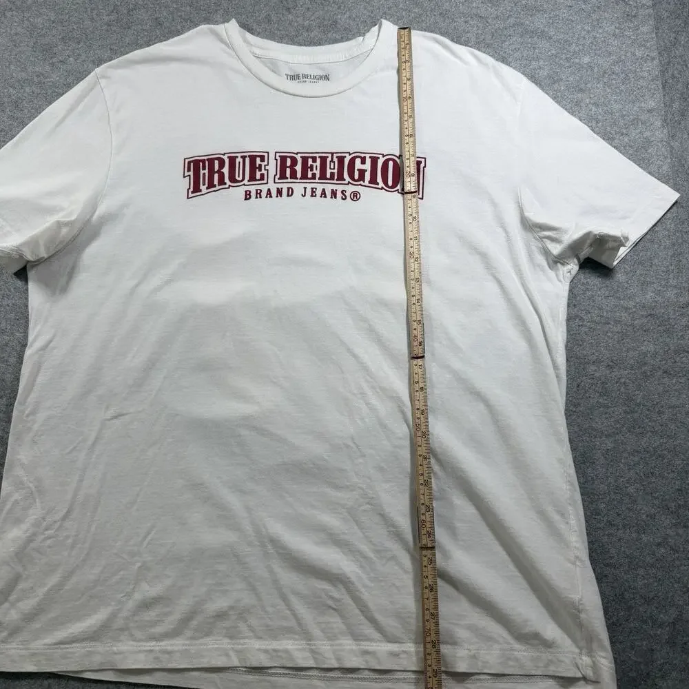True Religion T Shirt Mens 3XL White Red Horseshoe Paint Logo Relaxed Fit Street